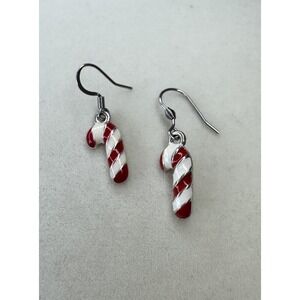 Sterling Silver Rhinestone Christmas Candy Cane Dangle Earrings Red White NWOT